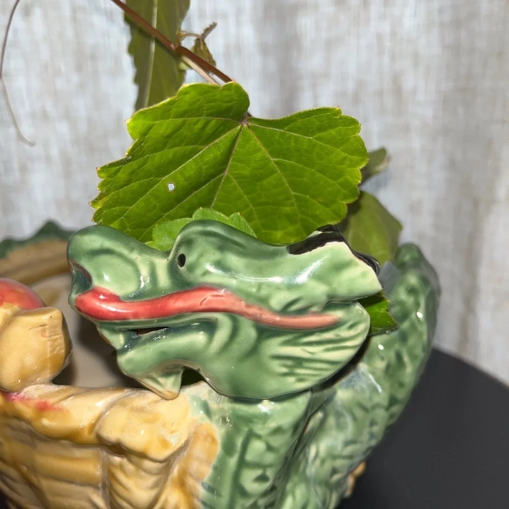 Vintage Majolica style Chinese dragon Pottery planter bowl